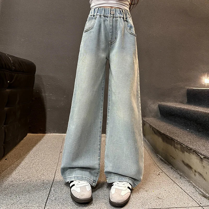 Kids High Waisted Washed Jeans Classic Trendy Street Straight Denim Pants for Girls Simple Style Jeans Trousers For Teens Child