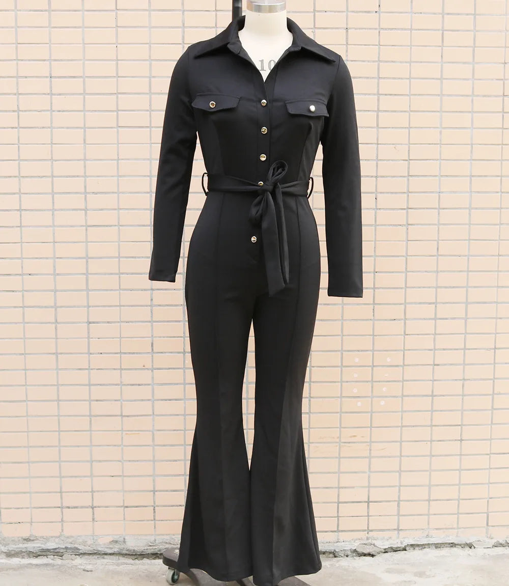 Jumpsuit Women Autumn Fashion Button Casual Turn-Down Collar Long Sleeve Skinny Bootcut Jumpsuit with Belt Y2K Streetwear