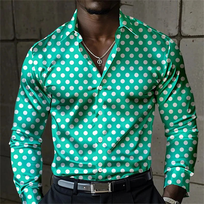 Fashion Men's Elegant Shirt Spotted 3D Printed Lapel Button Up Classic Long Sleeve Shirt Temperament Men's Partywear