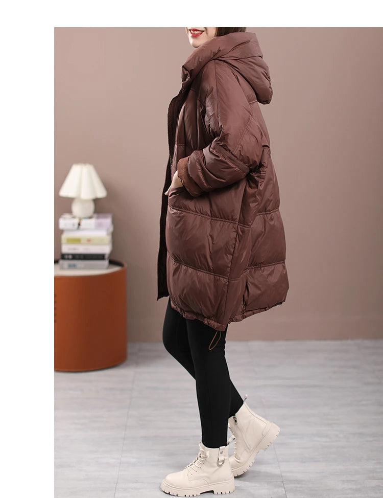 2023 New Winter Women's White Duck Down Loose Jacket Hooded Women's Thick Warm Coat Casual Large Panel Coat Women Jacket