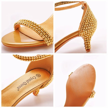 Summer High-heeled Women's Sandals String Bead PU 5CM Thin Heels Buckle Strap Wedding Dress Women's Shoes Golden Middle Heels