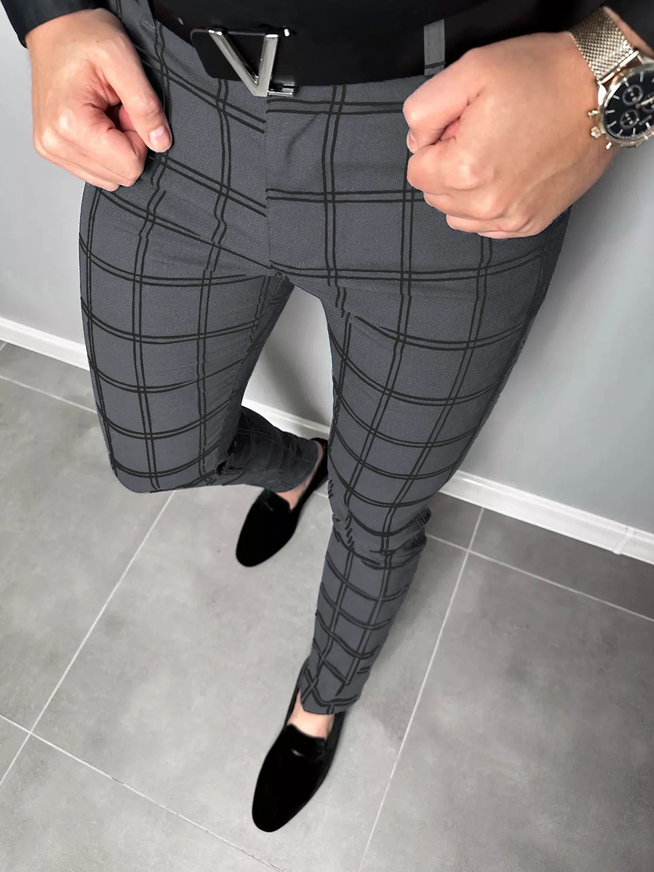 Checkered Fashion Europe and the United States Style Men's Pants Business Casual Travel Slim Pants Four Seasons Comfortable Pepl