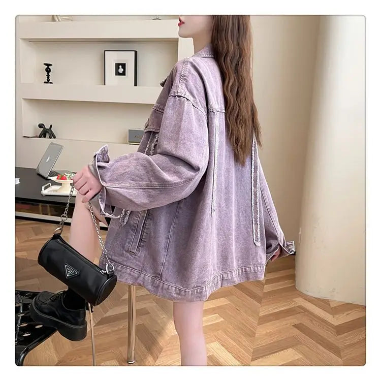 Casual Purple Denim Jacket for Women Loose Long-sleeved Autumn Outerwear Korean Style