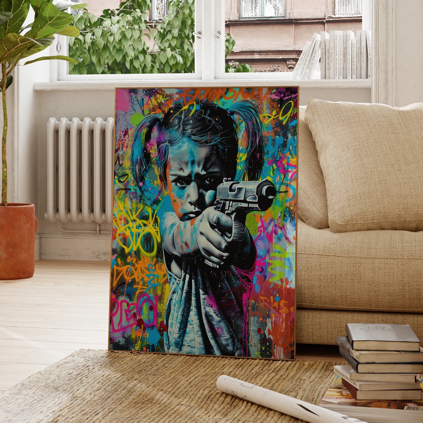 Modern Abstract Girl With Gun Graffiti Draw Wall Art Prints Canvas Painting Poster Picture For Living Room Home Decor