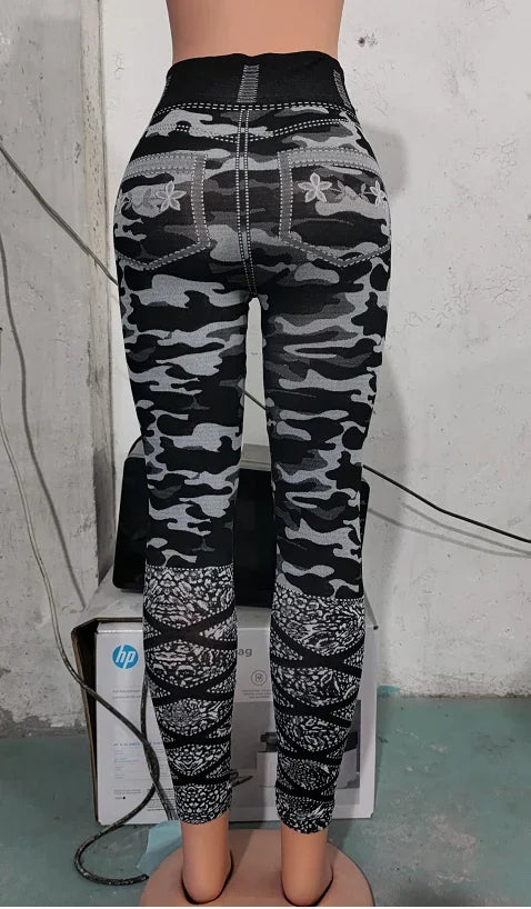 Women's Stretch Pants 2023 Spring Fashion Sexy Camouflage Faux Denim Leggings Casual Skinny Daily Long Breathable Cropped Pants