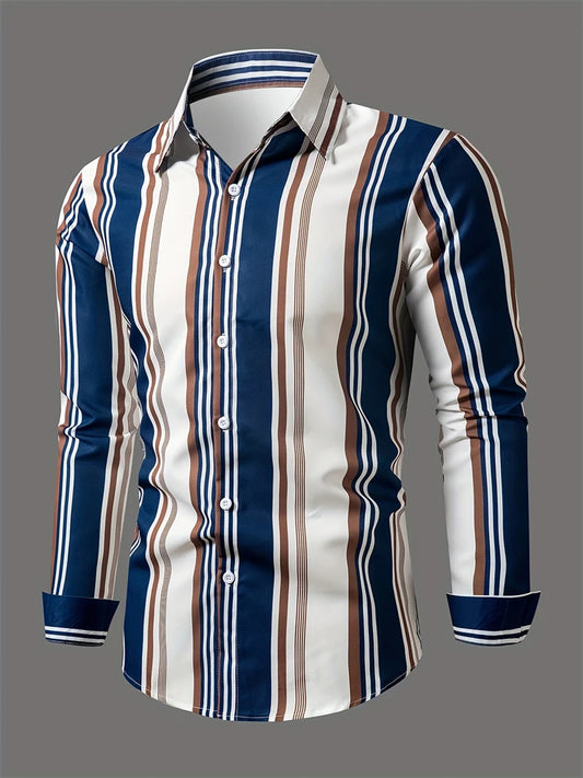 New Casual Striped Design Shirt Summer Men's Long Sleeve Shirt Lapel Men's Fashion Casual Button Down Shirt Long Sleeve Career