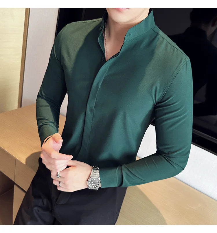 2024 New Stand Collar Luxury Shirts For Men High Quality Hide Buttons Design Solid Slim Fit Business Party Wedding Dress Shirts