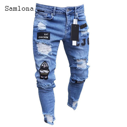 Samlona Jeans Mens Fashion Skinny Denim Pant Male Streetw New Patchwork Demin Pants Sexy Jeans Blue Grey Pencil Trouser