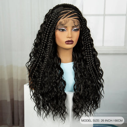 26 Inch Natural Water Wave Synthetic Braided Wigs Lace Braided Wig Curly Knotless Box Braids Wigs With Baby Hair for Black Woman