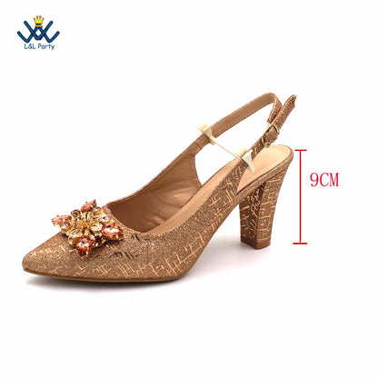 Champagne Color High Quality Women Pointed Toe Shoes Matching Bag Set for Nigerian Ladies Wedding Party