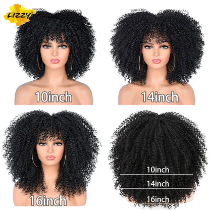 Short Afro Curly Wig With Bangs Synthetic African Fluffy Black Ombre Brown Curly Women's Wigs