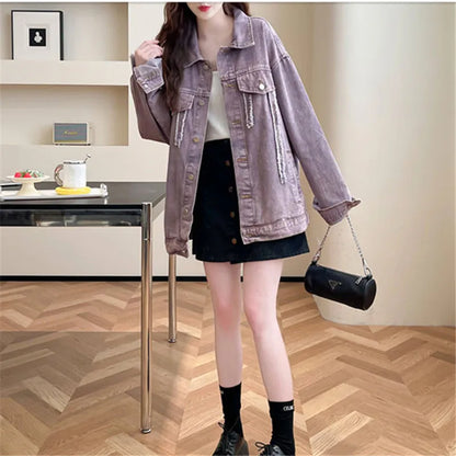 Casual Purple Denim Jacket for Women Loose Long-sleeved Autumn Outerwear Korean Style