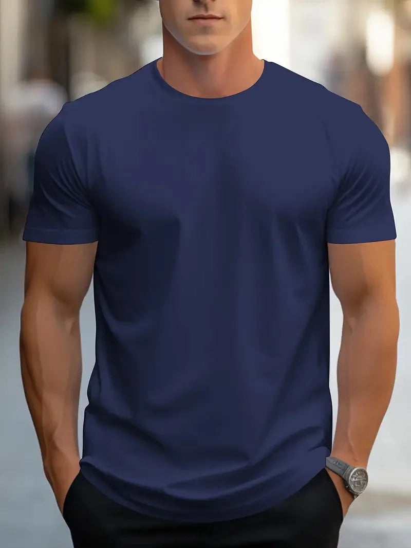 Men's Fashion Round Neck Printed T-Shirt Short Sleeve Solid Color Streetwear Loose Fit Summer Top