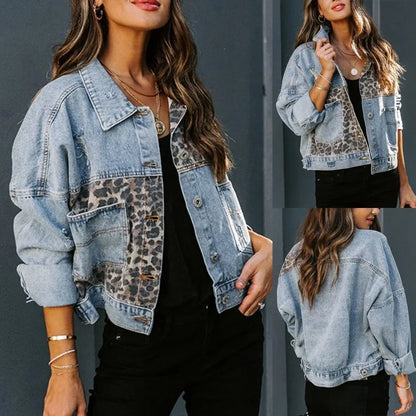 Leopard Stitched Denim Jacket for Women Fashion Outerwear with Long Sleeves Lapel Button-up Chest Pocket Top