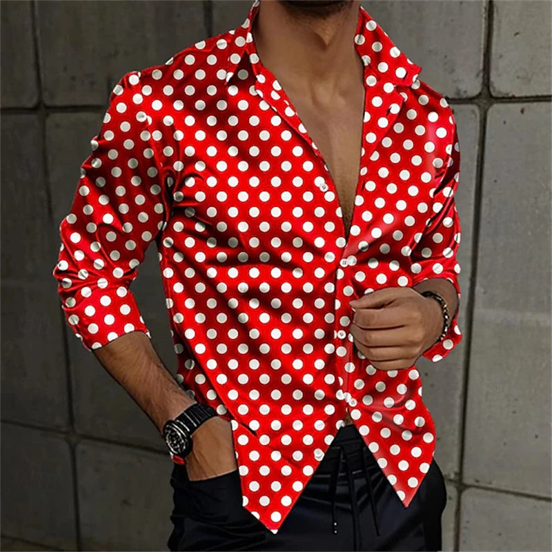 Fashion Men's Elegant Shirt Spotted 3D Printed Lapel Button Up Classic Long Sleeve Shirt Temperament Men's Partywear