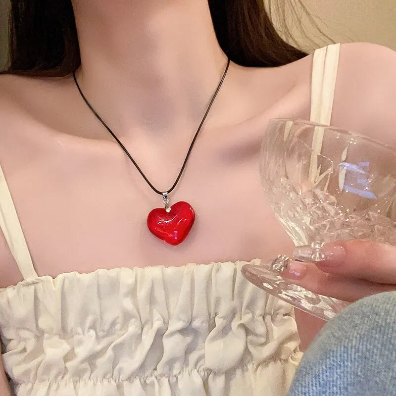 Red Heart Pendant Necklace For Women Girls Glass Crystal Necklace Black Leather Rope Chain Necklaces Y2k Jewelry Friends Gift