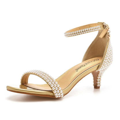 Summer High-heeled Women's Sandals String Bead PU 5CM Thin Heels Buckle Strap Wedding Dress Women's Shoes Golden Middle Heels