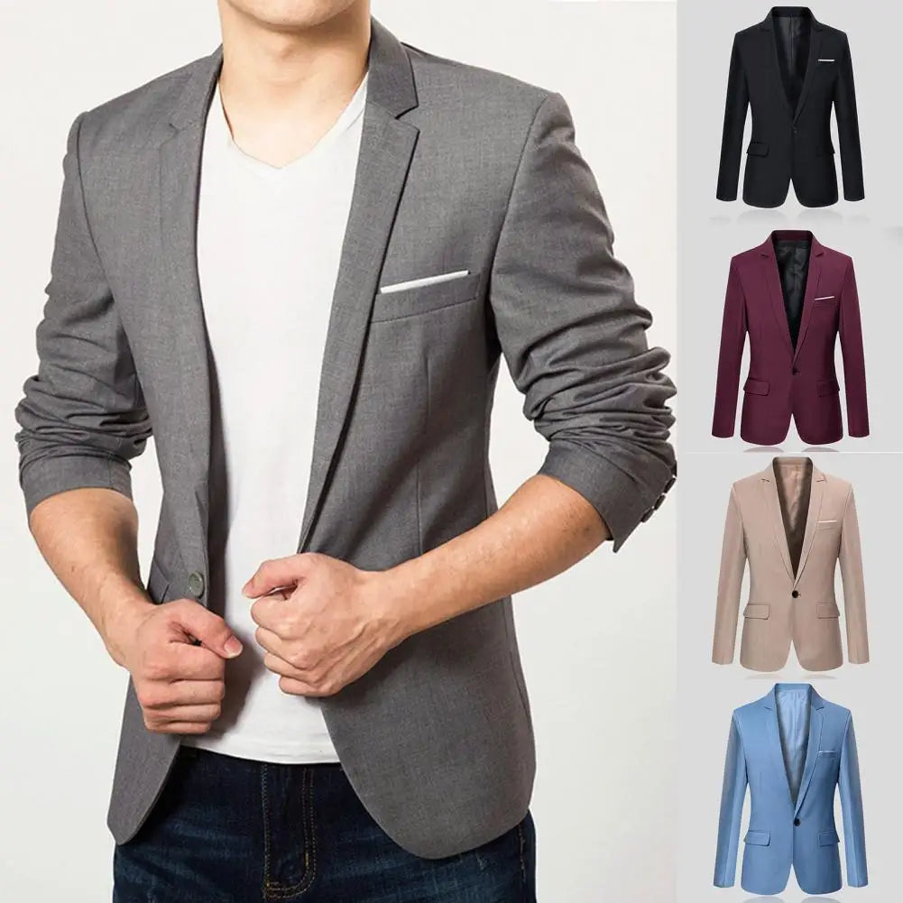 Flap Pockets Long Sleeve Men Blazer Solid Color Single Button Men Formal Blazer Lapel Suit Jacket Business Blazer Male Clothing