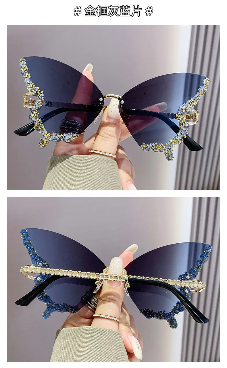 Luxury Butterfly Diamond Sunglasses Ladies Large Rimless Glasses Fashion Personalised Stage Performance Glasses Party Essentials