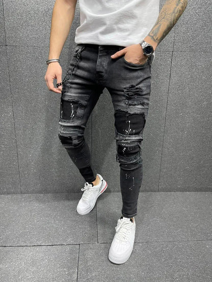 Retro Wash Distressed Stretch Ripped Jeans for Men Black 90% Cotton Tight Hole Patch Denim Joggers