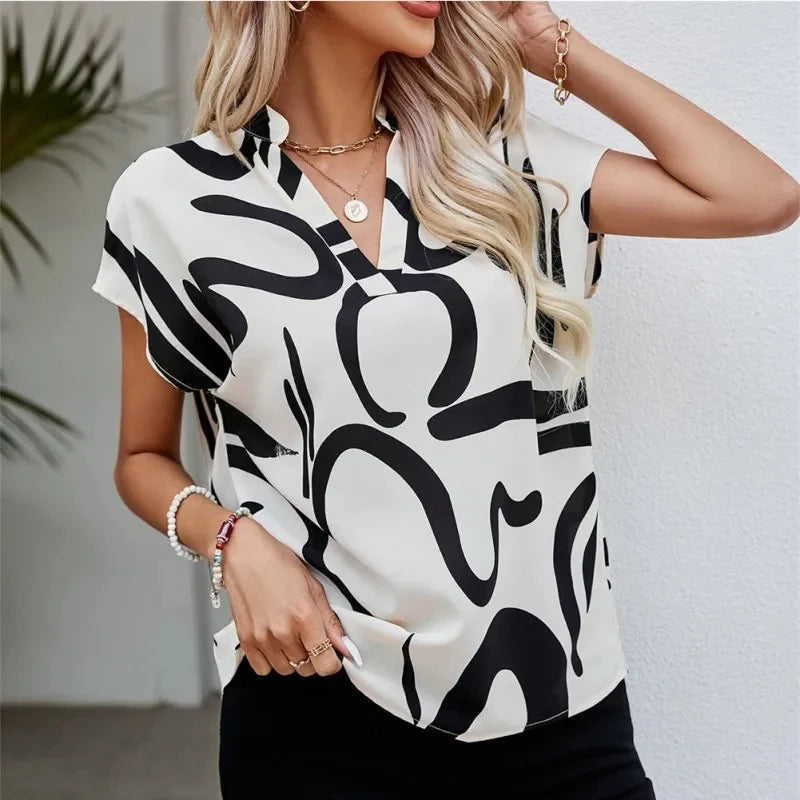 Women Summer Simple Style Batwing Sleeve V-Neck Printed Blouse Tops