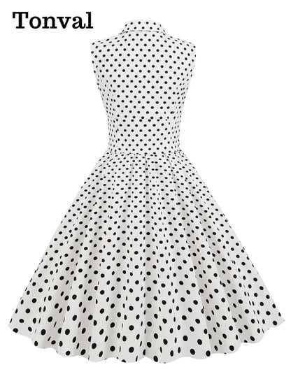 Tonval Notched Collar Double Breasted White Cotton Dresses Women Sleeveless Polka Dot Vintage Rockabilly Midi Dress