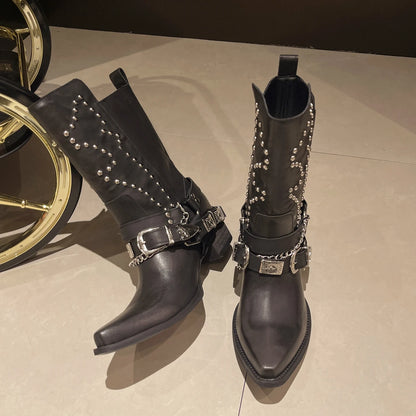 Goth Woman Shoes Cowboy Boots Botins Low Black New Rock Pole Dance Rivet Chunky Heels Western Pointed Toe Metal Chains Trending