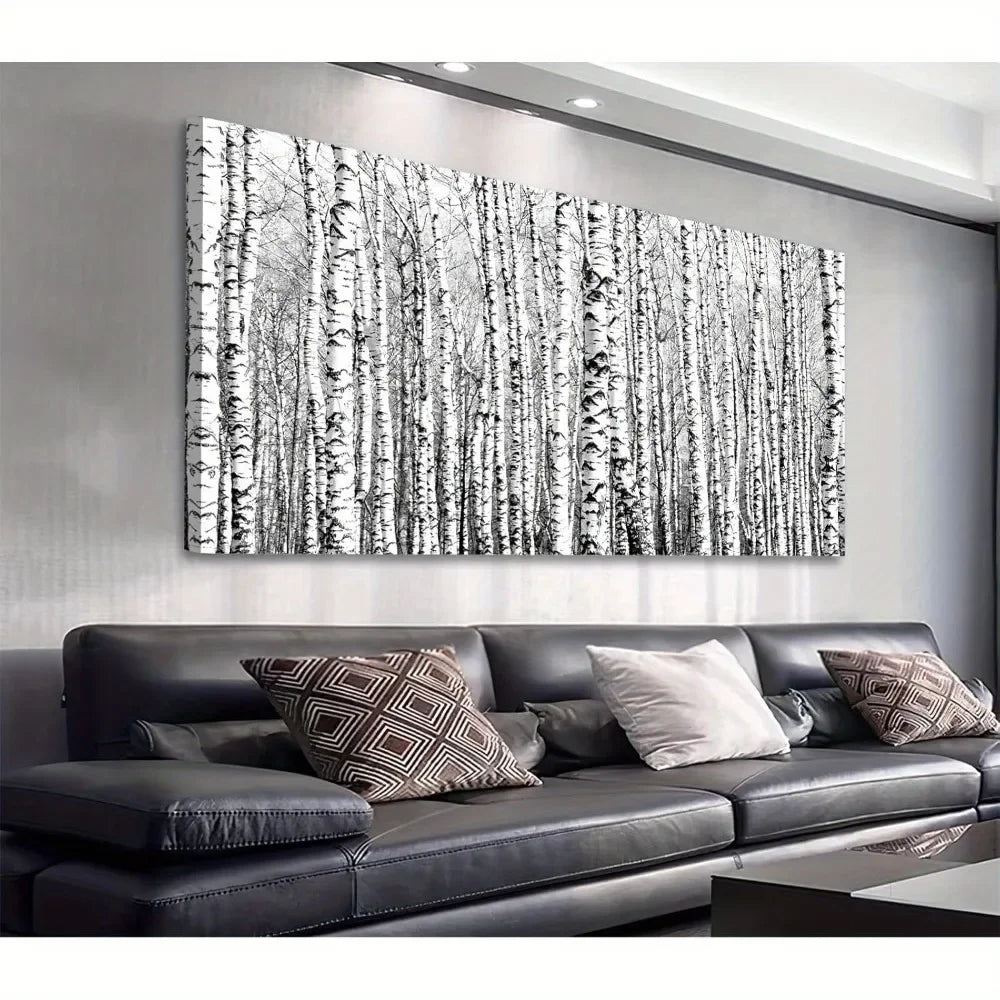 Framed large birch canvas wall art - modern black and white woodland scene, living room and home office fall style decor