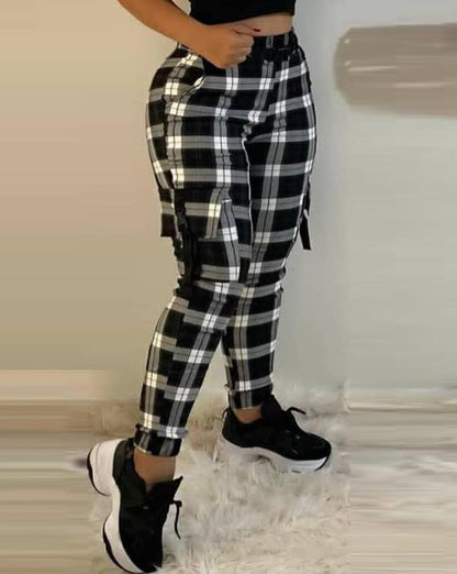 Winter Pants Women 2023 Slim Fitting Printed Checkered Overalls Fashion Versatile Casual Tight Fit Trousers Female Y2k Clothes