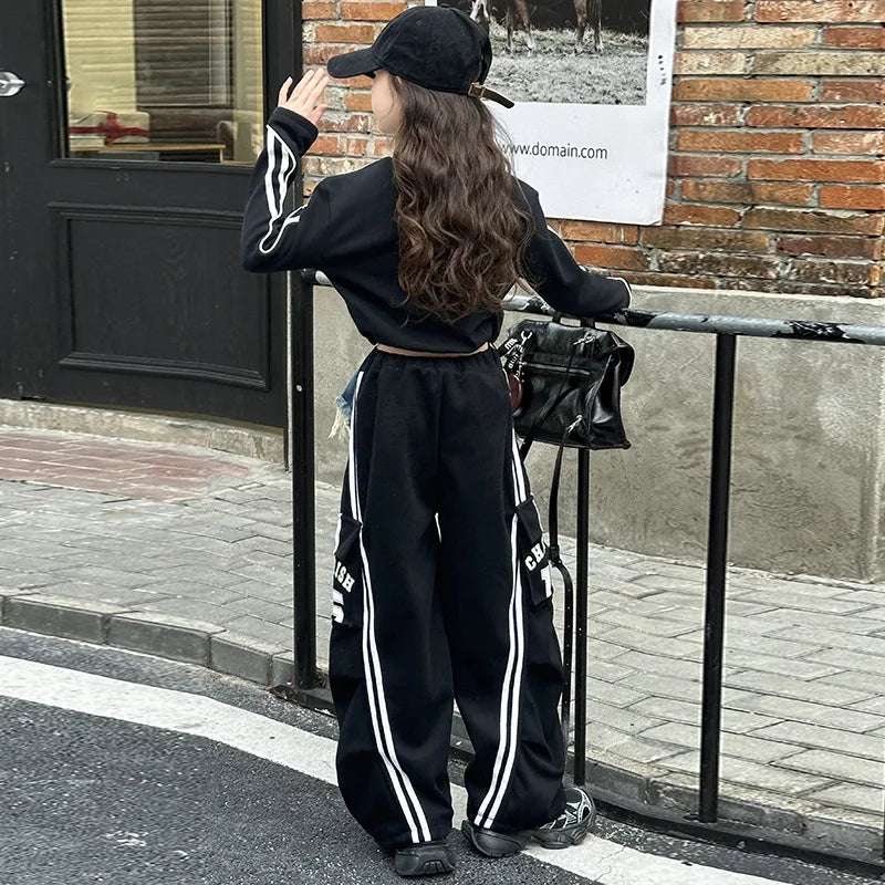 2025 spring teen girl American spliced denim drawstring work pants junior kid casual floor sports Wide leg trousers short hoodie