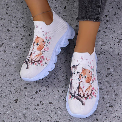 New Cute Cat Print Womens Casual Sneakers Autumn Soft Comfort Thick Bottom Running Shoes Breathable Lightweight Sport Shoes