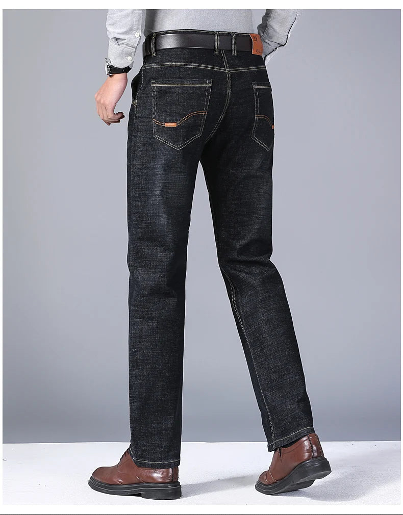 Men's Fashion Business Jeans Classic Style Casual Stretch Slim Jean Pants Male Brand Denim Trousers Black Blue