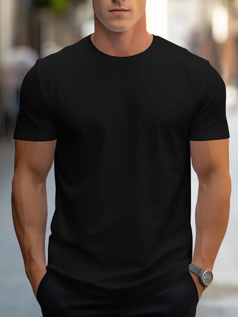 Men's Fashion Round Neck Printed T-Shirt Short Sleeve Solid Color Streetwear Loose Fit Summer Top