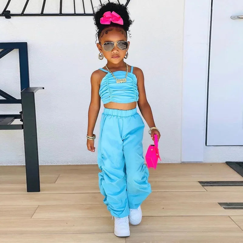 1-8years Baby Kids Summer Clothing For Girls Sleeveless Crop Tops+Cargo Pants 2pcs/sets Children's Fashion Clothes Outfits Girl