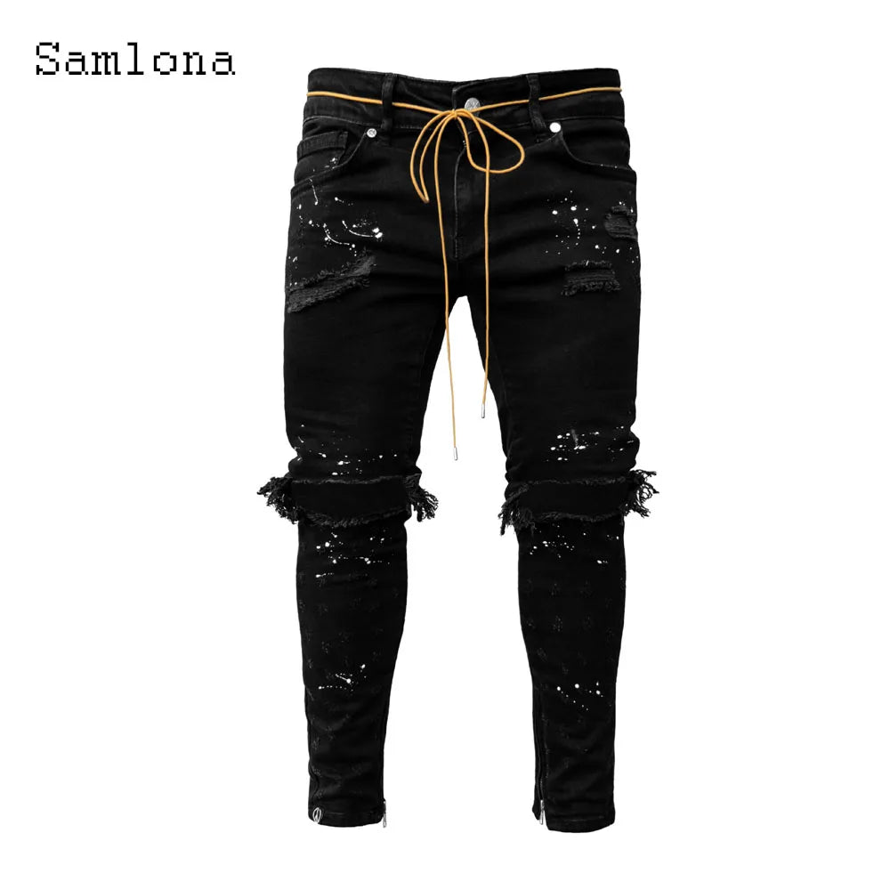 Samlona Jeans Mens Fashion Skinny Denim Pant Male Streetw New Patchwork Demin Pants Sexy Jeans Blue Grey Pencil Trouser