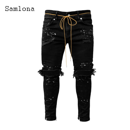 Samlona Jeans Mens Fashion Skinny Denim Pant Male Streetw New Patchwork Demin Pants Sexy Jeans Blue Grey Pencil Trouser