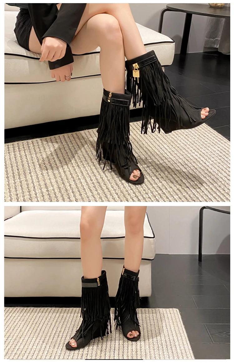 Eilyken Designer Fringe Wedges  Boot Sandals Woman High Heels Open Toe Party Prom Shoes 2024 Sexy Zipper Female Pumps