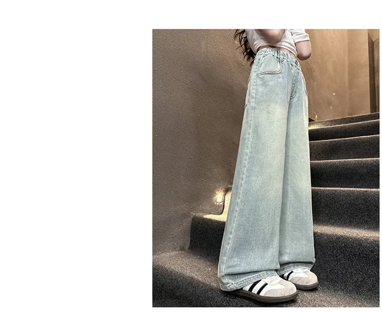 Kids High Waisted Washed Jeans Classic Trendy Street Straight Denim Pants for Girls Simple Style Jeans Trousers For Teens Child