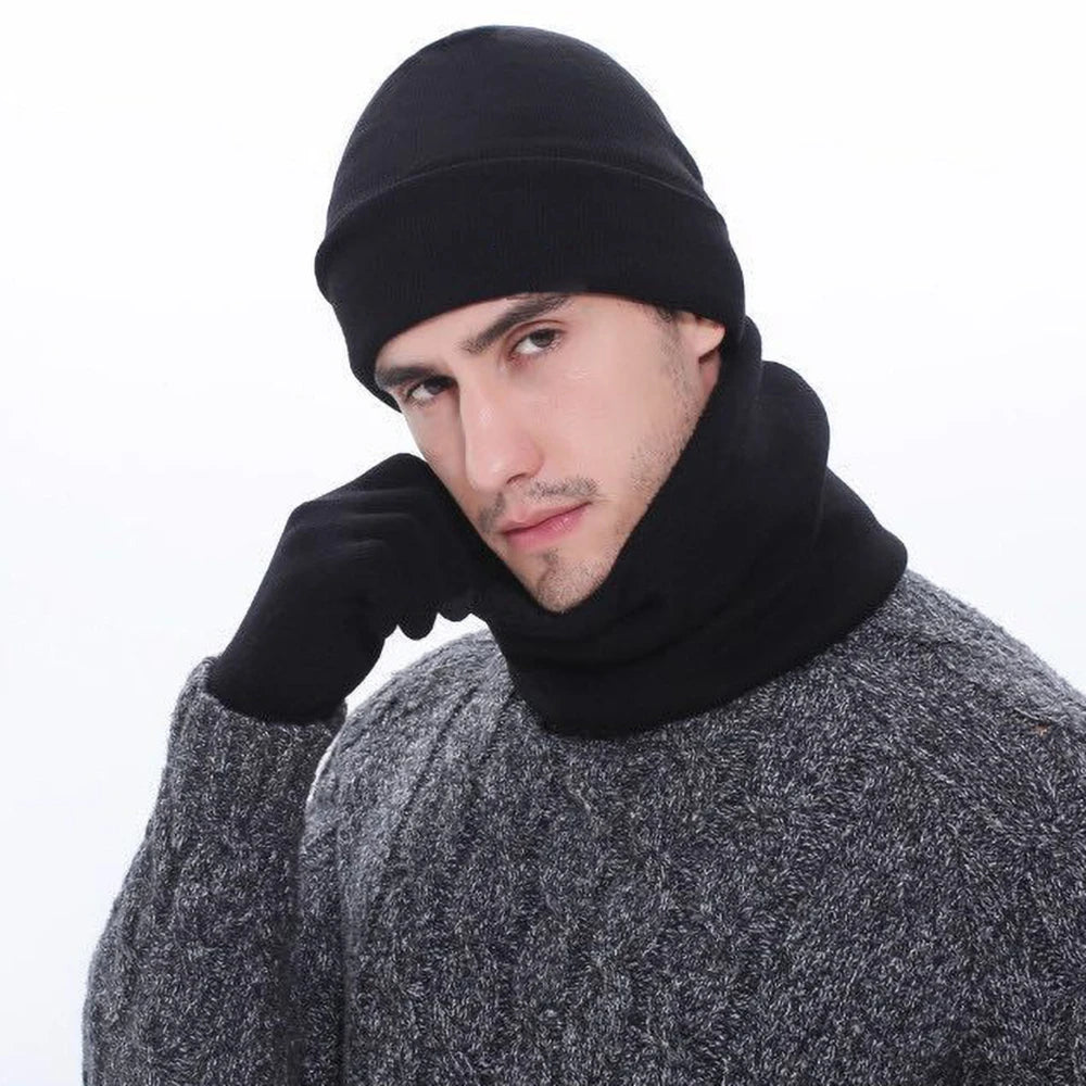 Men's Autumn Winter Keep Warm Set Unisex Beanie Gloves Scarf Male Woolen Yarn Knit Muffler Solid Color Hat Wholesale Drop Ship