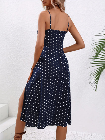 Summer Sexy Spaghetti Straps Dress Women Fashion Polka Dot Print Sleeveless Slit Dress Boho Casual Beach Midi Dresses