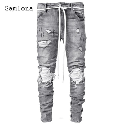 Samlona Jeans Mens Fashion Skinny Denim Pant Male Streetw New Patchwork Demin Pants Sexy Jeans Blue Grey Pencil Trouser