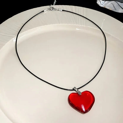 Red Heart Pendant Necklace For Women Girls Glass Crystal Necklace Black Leather Rope Chain Necklaces Y2k Jewelry Friends Gift