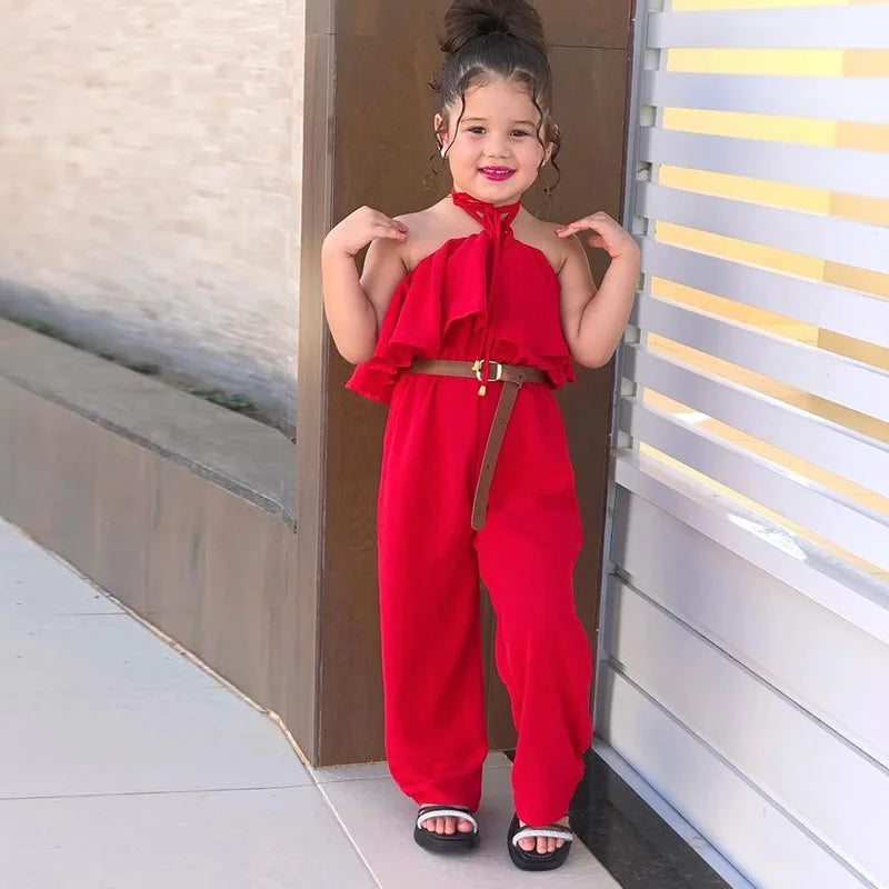 New Casual Girls' Summer Halter Ruffle Sleeve Jumpsuit Soild Suspender Romper Fashion Clothing for Toddler Girl 1-8 Years