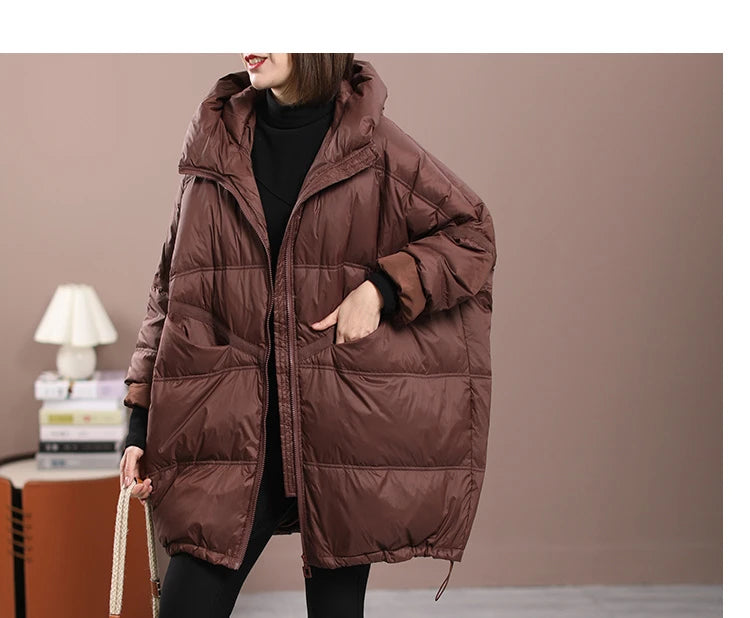 2023 New Winter Women's White Duck Down Loose Jacket Hooded Women's Thick Warm Coat Casual Large Panel Coat Women Jacket