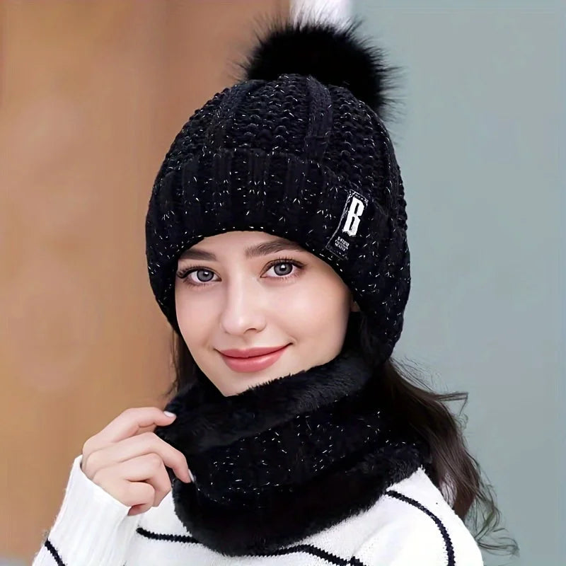 Women's Scarf Hat Winter Cycling Padded Warm Knitted Wool Hat Thickened Windproof Scarf Hat Warm and Cold Knitted Hat