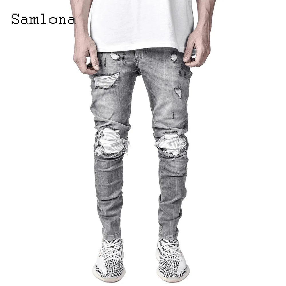 Samlona Jeans Mens Fashion Skinny Denim Pant Male Streetw New Patchwork Demin Pants Sexy Jeans Blue Grey Pencil Trouser