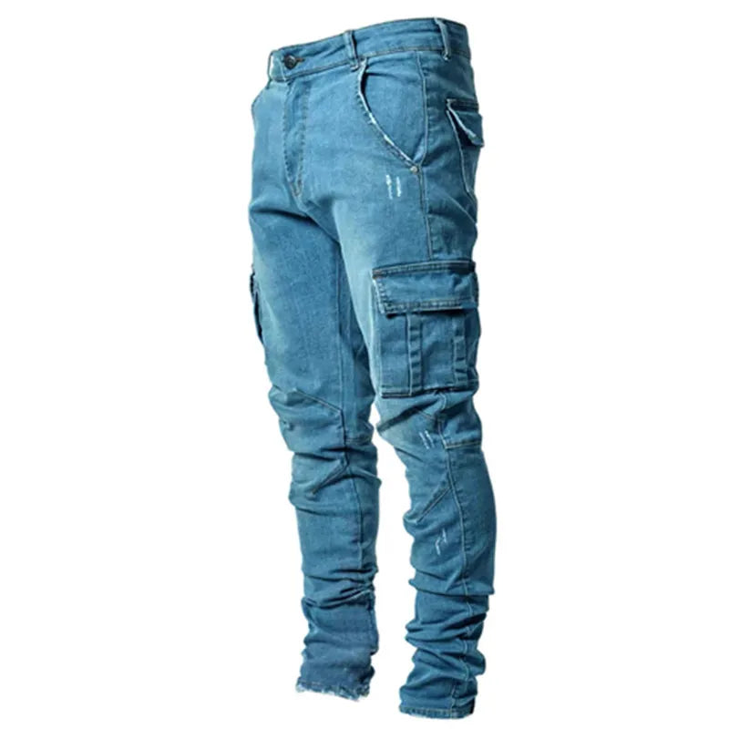 Men Jeans Pencil Pants Cargo Denim Solid Ankle Length Washing Pockets Mid Waist Sheath Slim Slight Strech High Street 2024