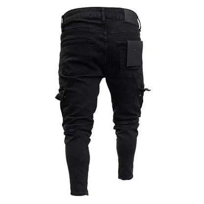 Stretch Jeans for Men Black Big Side Pockets Cargo Male Jeans Fashion Zipper Small Foot Denim Pants Elastic Jogging Trousers