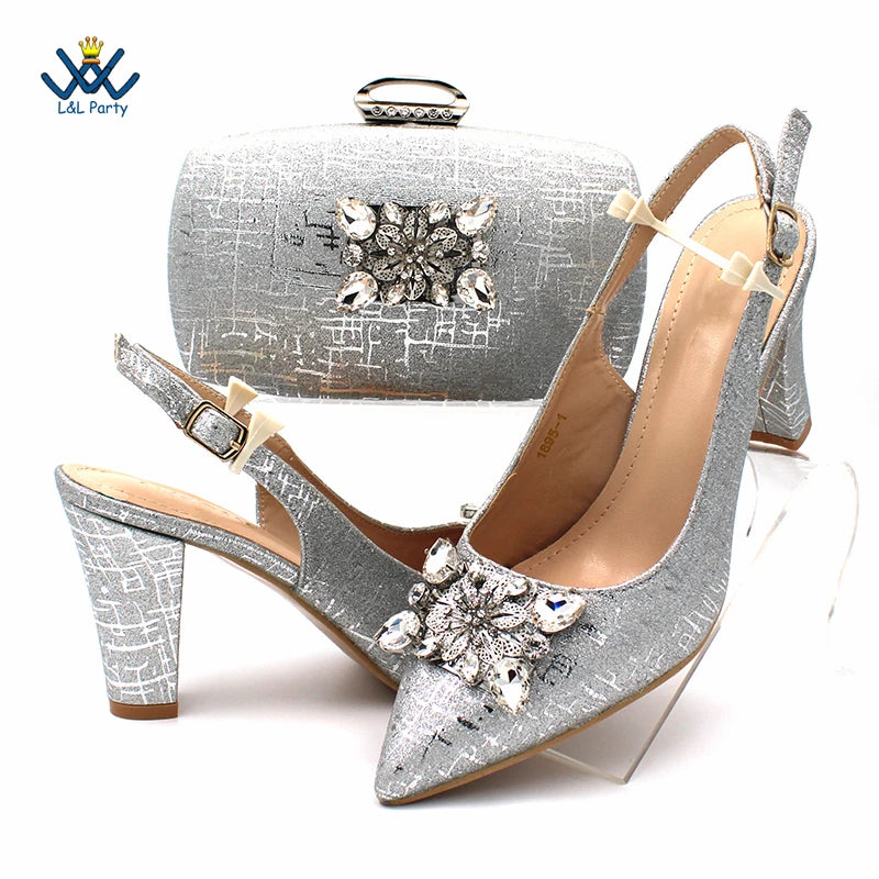 Champagne Color High Quality Women Pointed Toe Shoes Matching Bag Set for Nigerian Ladies Wedding Party