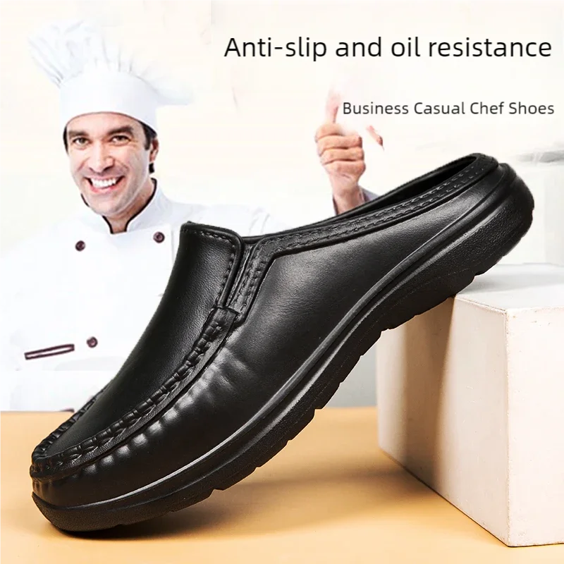 Chef shoes summer plus size baotou half slippers non slip oil resistant business casual men's chef shoes breathable leather shoe